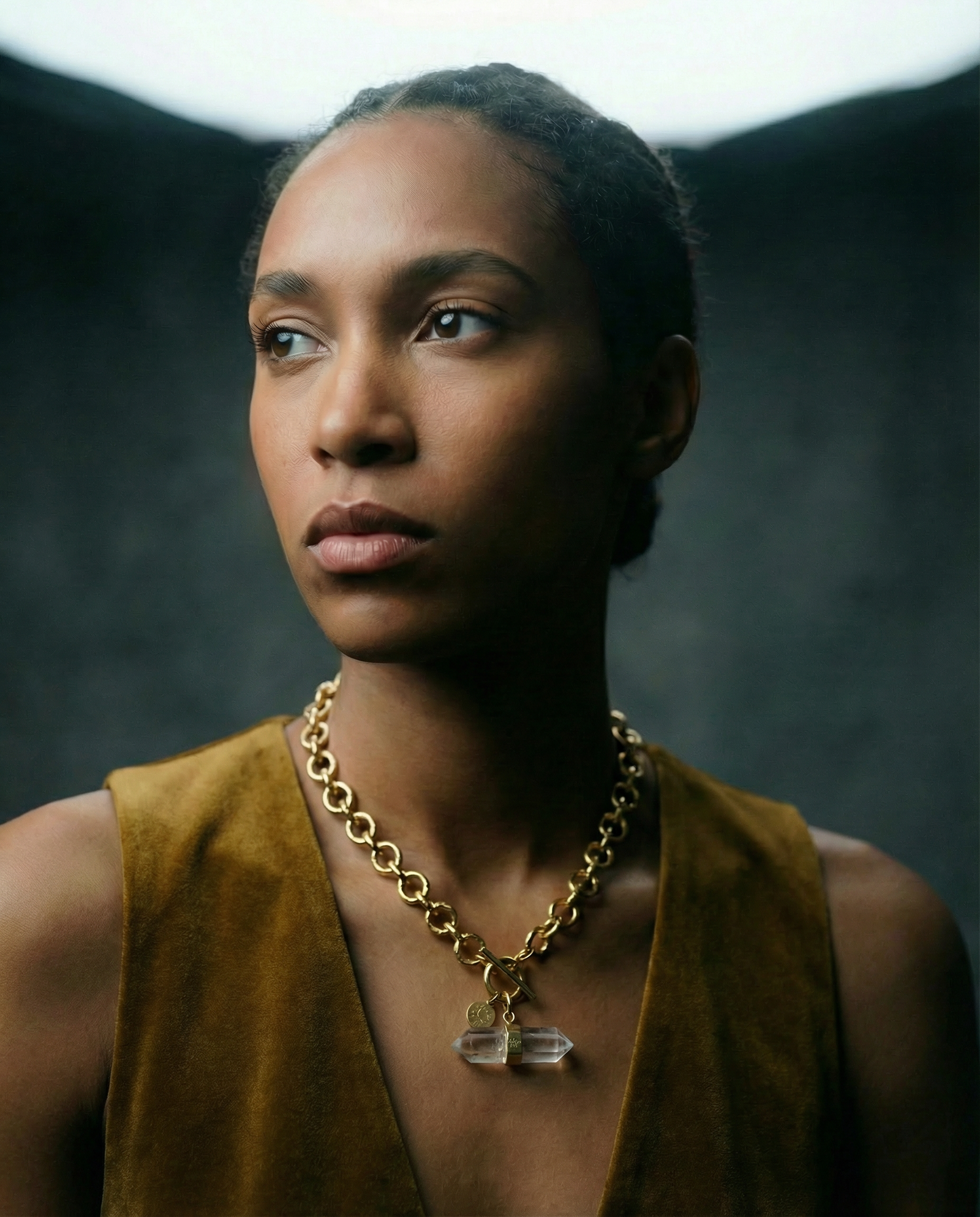 Gold-plated stainless steel chain necklace with raw clear quartz crystal pendant and toggle clasp, Athena Axiom Necklace by Lawless Jewellery.