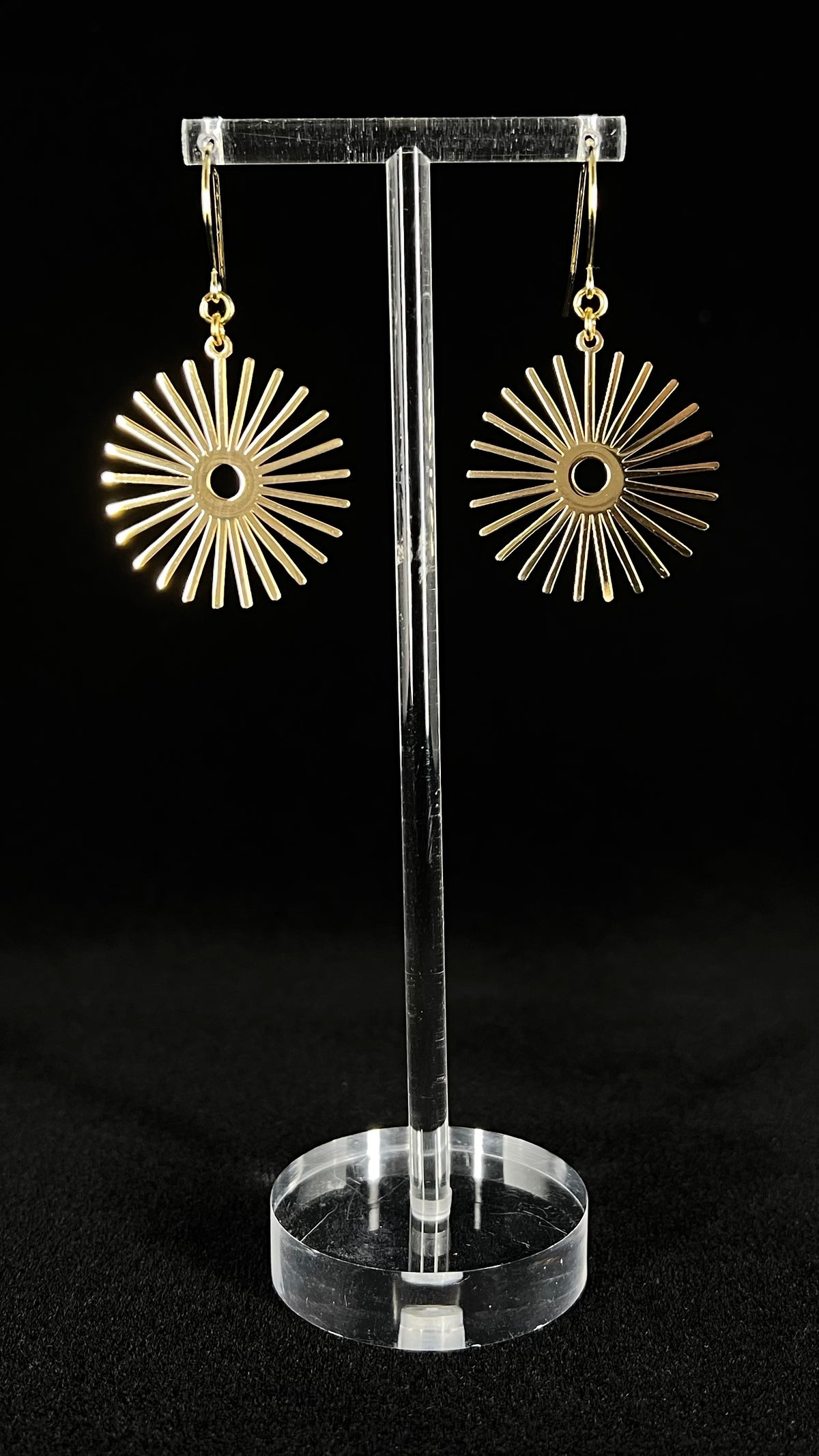 Gold stainless steel sunburst earrings with high-polish finish, 3 cm wide with a 5 cm drop — Ignia Earrings from the Eos Collection, Lawless Jewellery