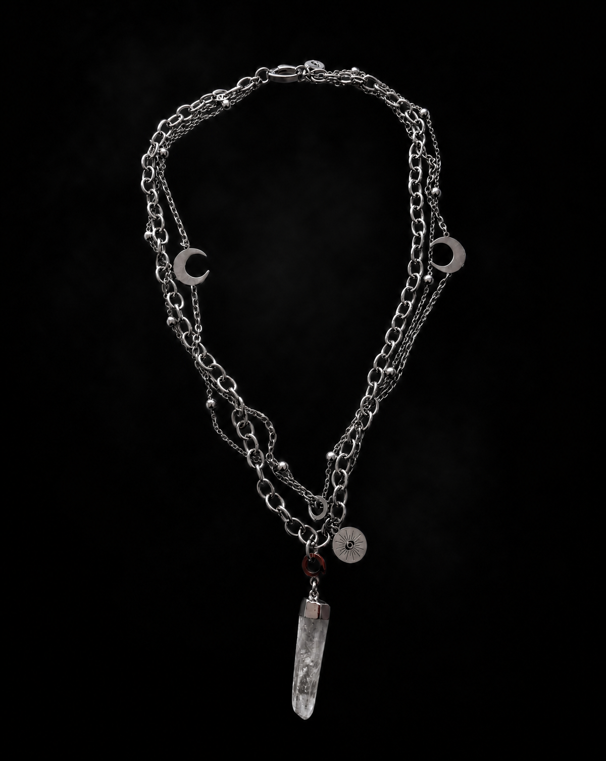 Hecate silver layered necklace featuring three varying chains with removable natural quartz crystal and Oracle charms