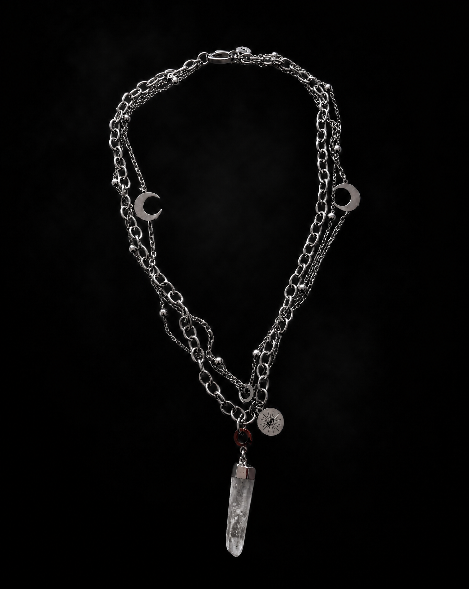 Hecate silver layered necklace featuring three varying chains with removable natural quartz crystal and Oracle charms