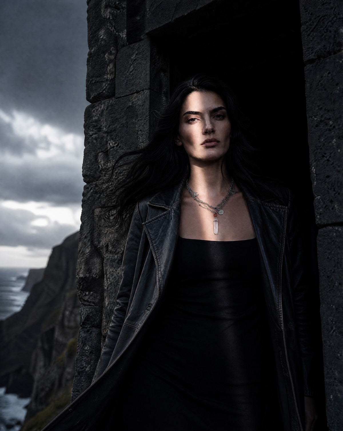 A woman with long dark hair stands in a stone doorway wearing a black dress, black leather jacket, layered silver necklaces with a dramatic coastal cliffside background under a cloudy sky.