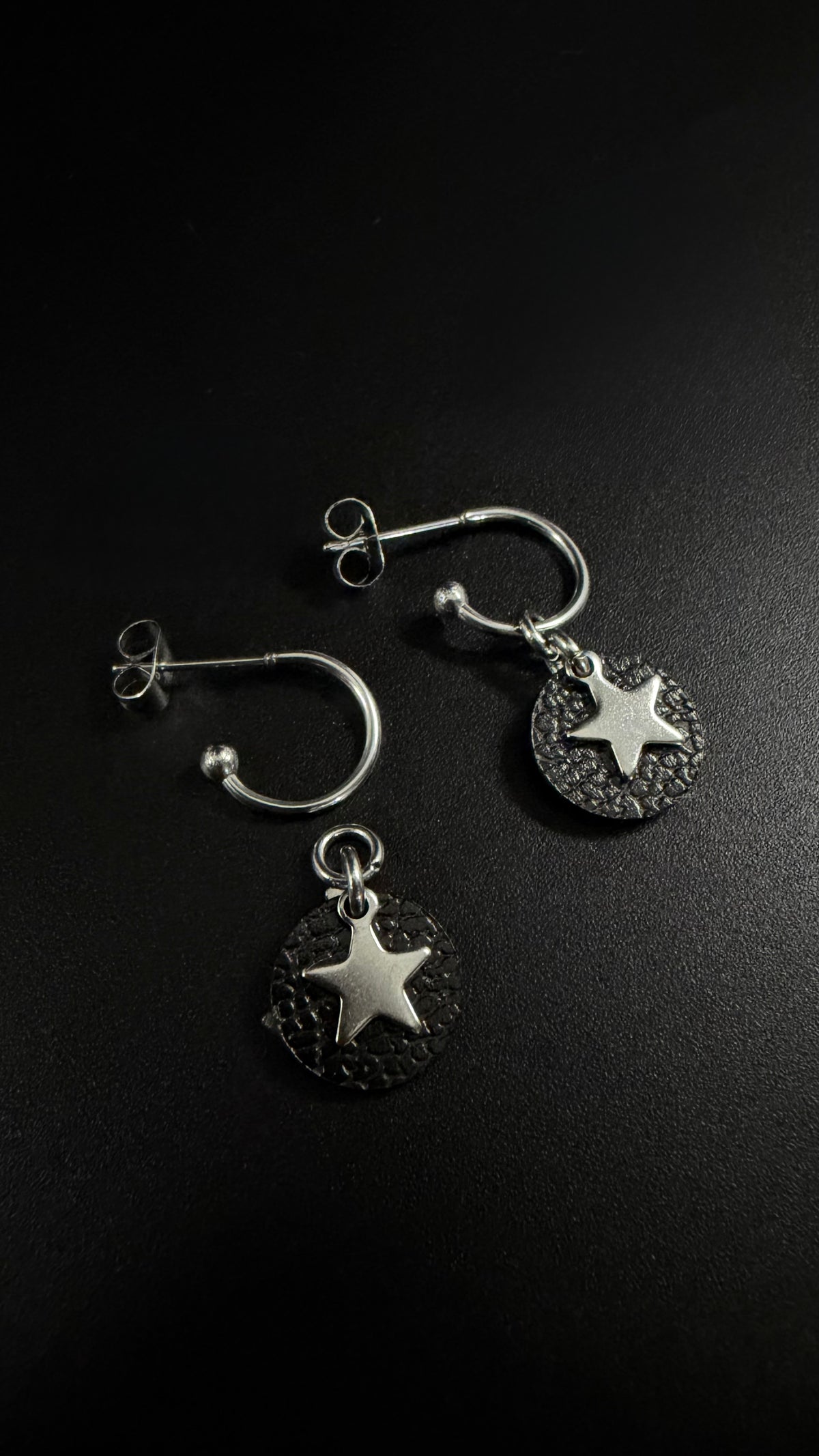 Urania Cipher Hoop Earrings - Black / Silver - Reversible Moon and Star