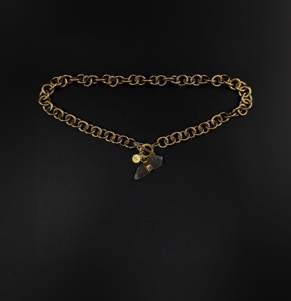 Gold-plated stainless steel chain necklace with raw clear quartz crystal pendant and toggle clasp, Athena Axiom Necklace by Lawless Jewellery.