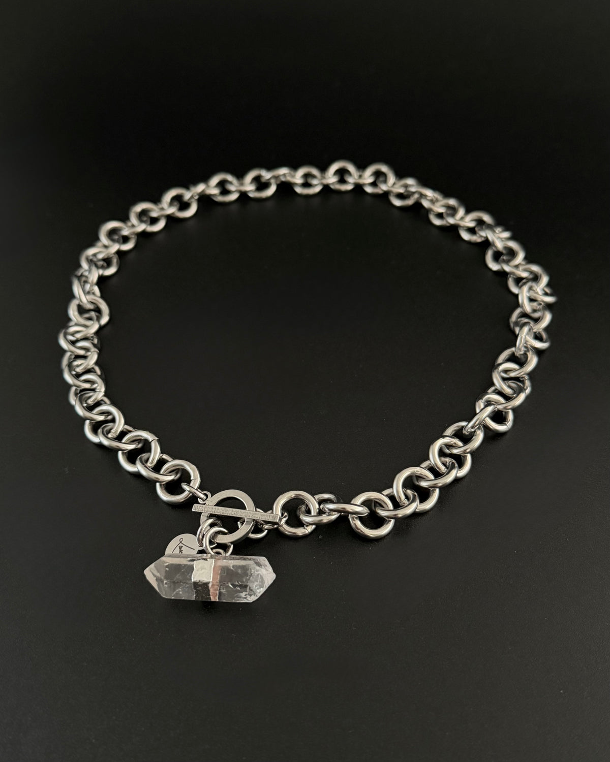 Stainless steel 12mm link chain necklace with raw quartz crystal pendant and toggle clasp, 47cm length — Athena Axiom Necklace, Lawless Jewellery.