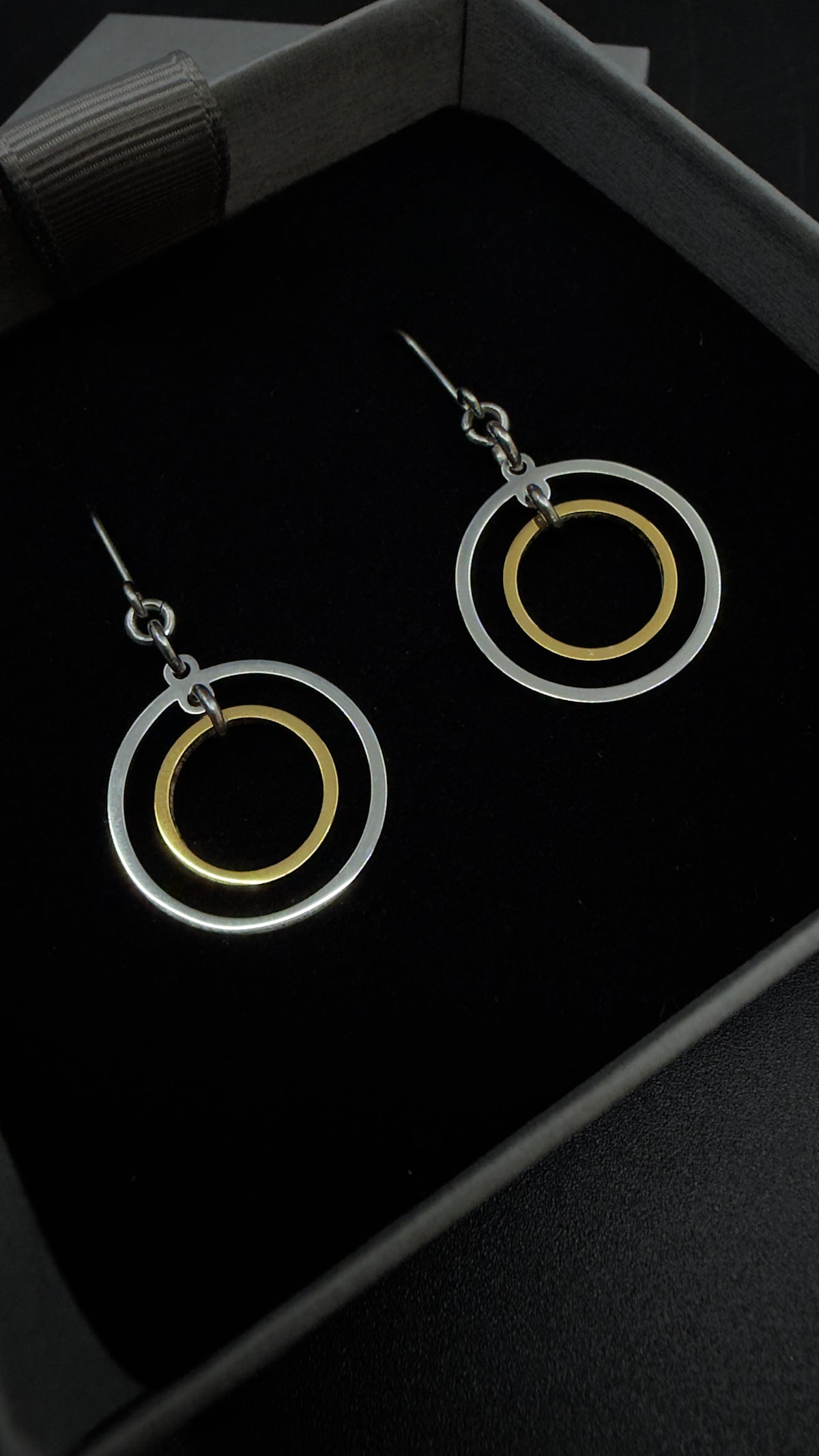 Pair of Cassini Align drop earrings with silver outer rings, gold inner rings and silver stainless steel hooks.