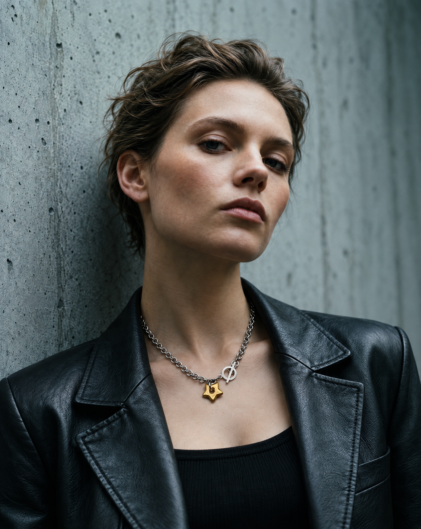 Silver stainless steel chain necklace with gold star pendant and toggle clasp, Urania Axis Necklace by Lawless Jewellery on black background.