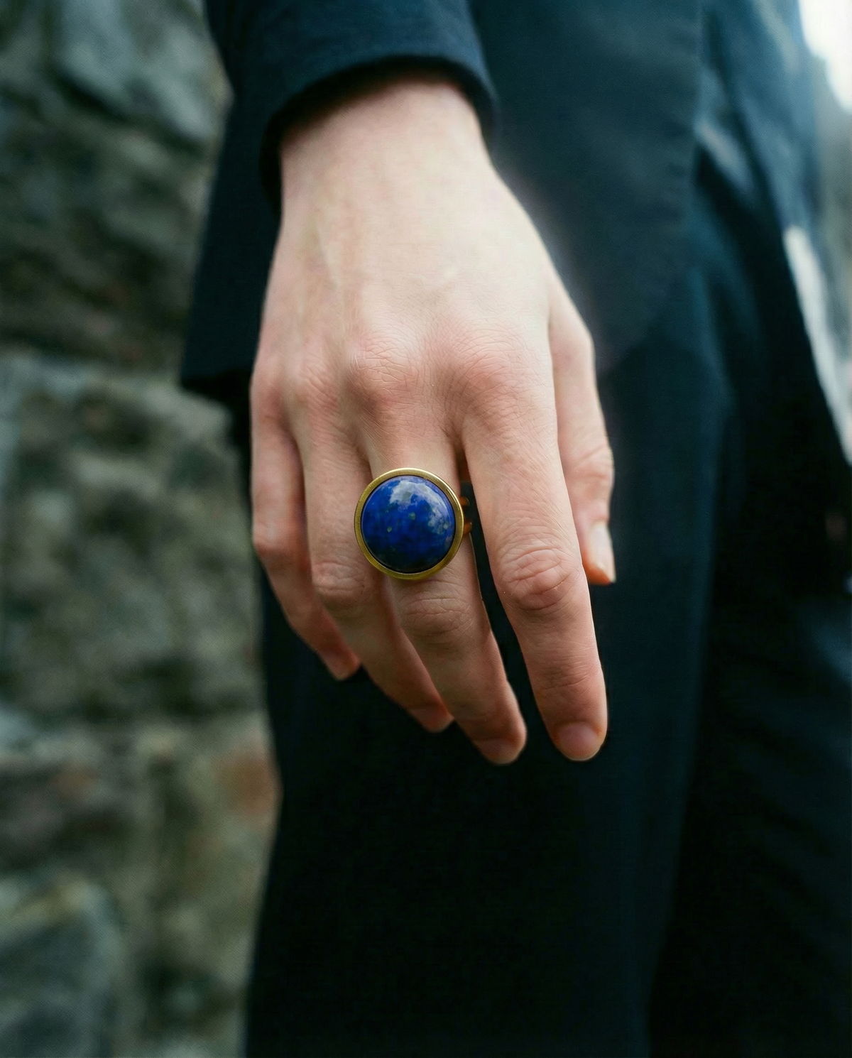 Nebulae Core adjustable ring in stainless steel featuring a 20mm lapis lazuli gemstone disc with deep blue and gold flecked detailing