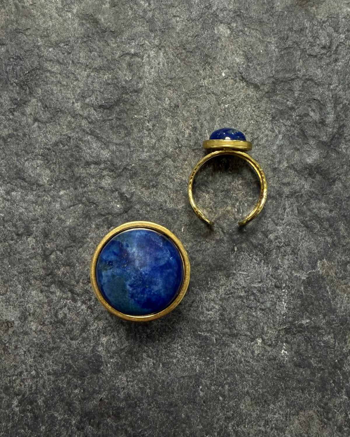 Nebulae Core adjustable ring in stainless steel featuring a 20mm lapis lazuli gemstone disc with deep blue and gold flecked detailing