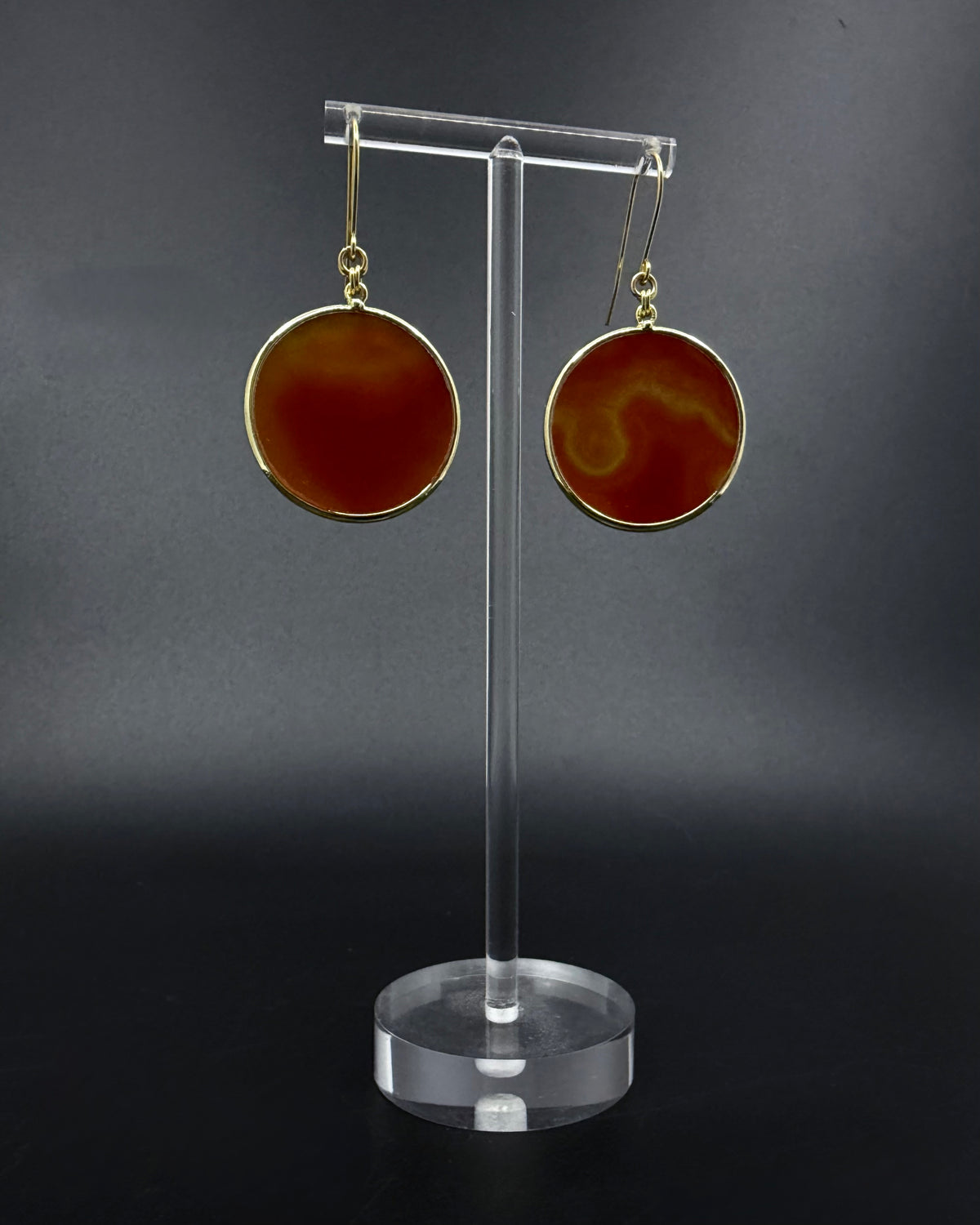 Nebulae Trace Earrings in Carnelian featuring 30mm burnt orange gemstone discs with gold stainless steel hooks, celestial statement drop earrings by Lawless Jewellery