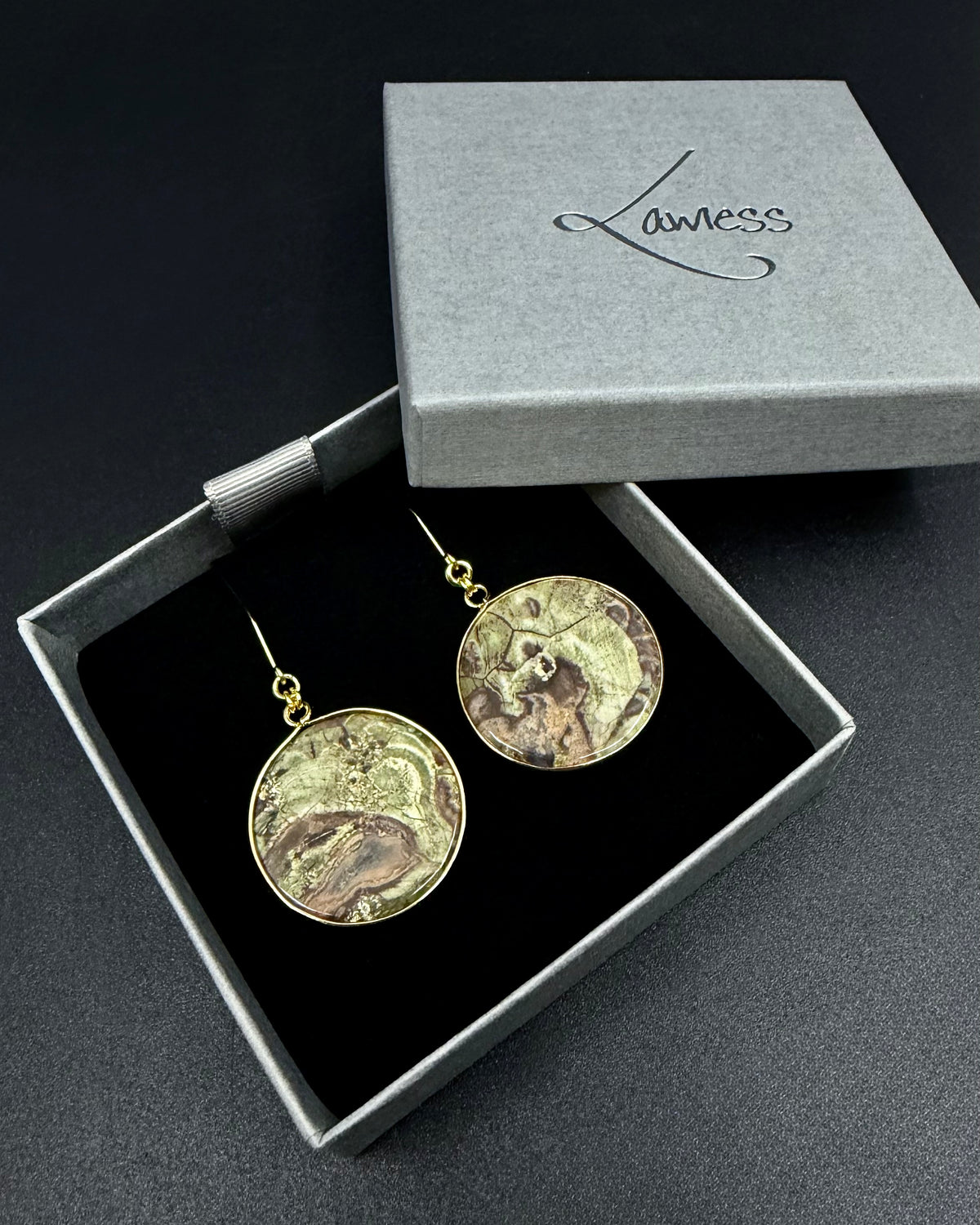 Nebulae Trace Earrings in Kambaba Jasper featuring 30mm deep green gemstone discs with gold stainless steel hooks, celestial statement earrings by Lawless Jewellery