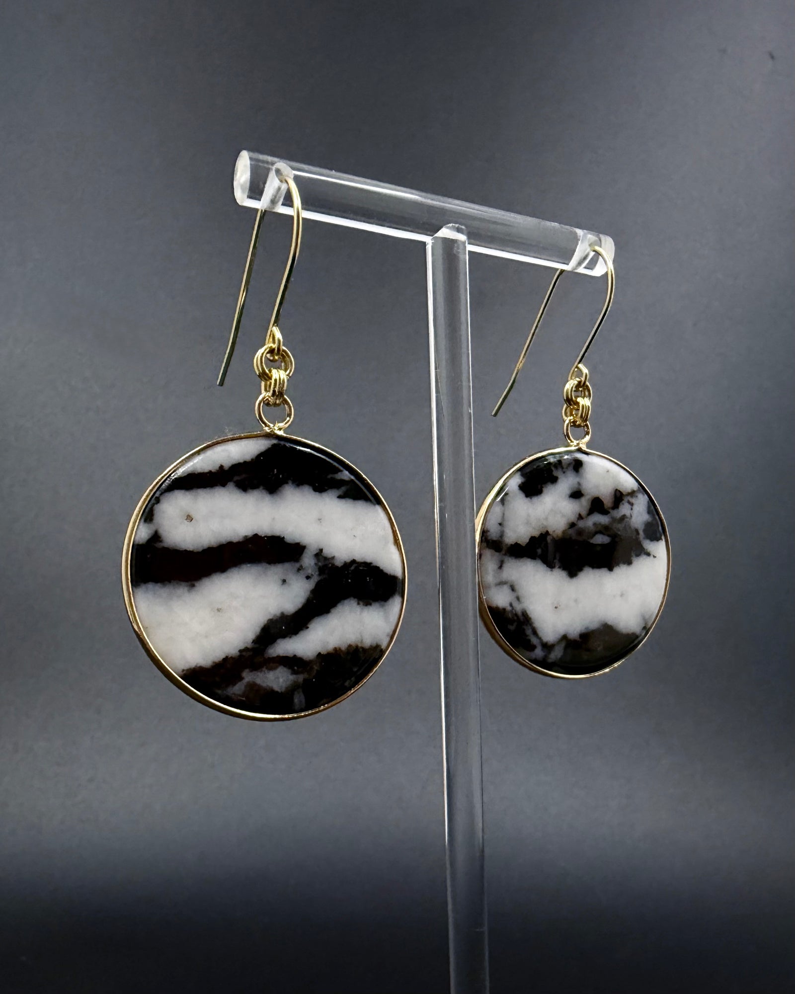 Black and white Zebra Agate earrings with stainless steel setting, each slice uniquely patterned in bold contrast — Lawless Jewellery