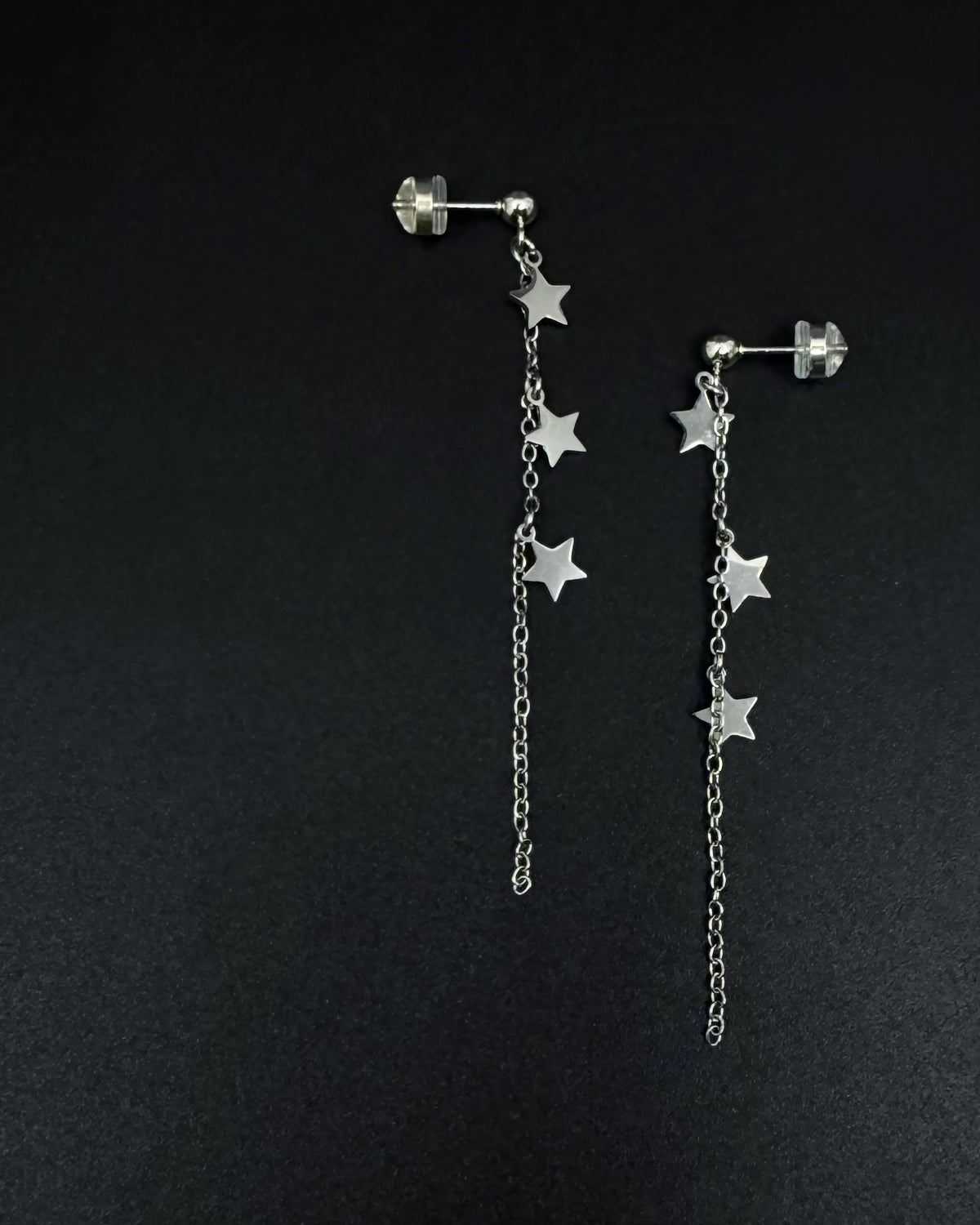 Short silver star drop earrings with fine stainless steel chain, Urania Meridian Earrings 7 cm by Lawless Jewellery