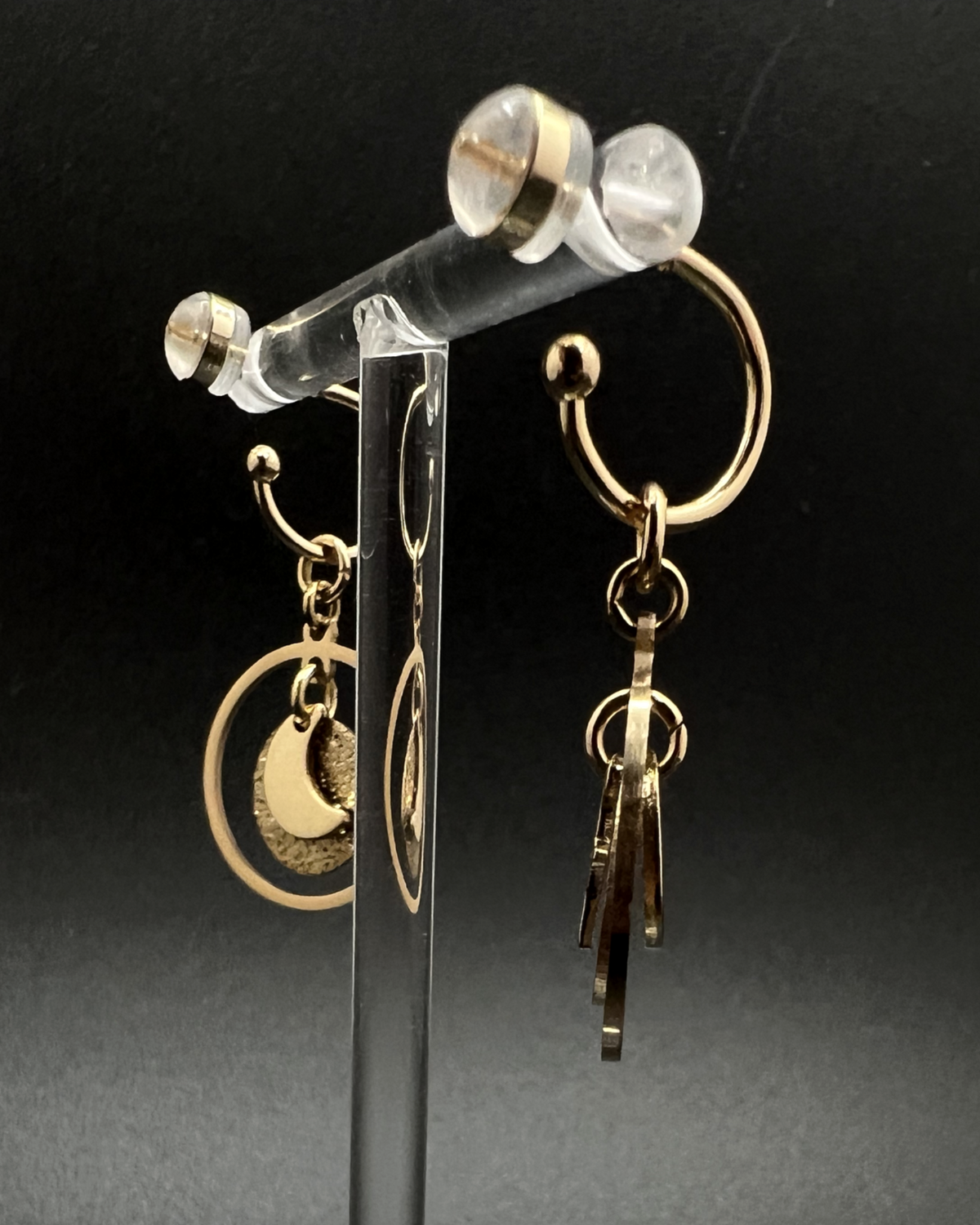 Gold stainless steel hoop earrings with detachable moon and star charms and a textured disc inside a 20 mm ring, 4 cm drop — Lawless Jewellery.